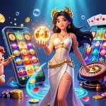 Spin the reels with slot 77 in an engaging casino scene filled with vibrant gaming elements.