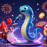 Togel gaming scene with an electric eel DJ, vibrant slots, and underwater casino elements.