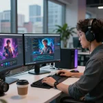 Engaging workspace showcasing NSFW AI technologies with developer coding on multiple screens