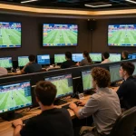 Kqbd sports betting scene with bettors analyzing live football scores and statistics.
