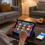 Engaged player using IDCASH88 app on tablet for exciting online slot game