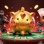 kk55 strategy session with cartoon piggy bank, ninja wallet, and samurai at a poker table.