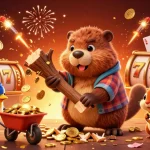 Engage with togel88 link as a cartoon beaver collects golden coins in a vibrant casino setting.