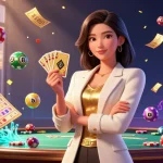 Engage in pragmatic casino action with a professional Asian woman showcasing a golden deck of cards.
