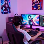 Gamer playing an ecchi game in a vibrant setup, surrounded by colorful lights and gaming accessories.
