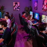 Friends playing hentai games in a vibrant gaming lounge, showcasing excitement and engagement.