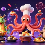 Socolive TV showcases an engaging scene with a sushi chef octopus cooking as colorful lottery balls bounce around energetically.