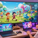Vibrant scene depicting gay hentai game characters in action, showcasing colorful fantasy adventures and gaming devices.