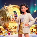 Engage with situs slot bonus new member 100 through a vibrant digital illustration featuring a friendly Asian woman holding a smartphone amidst casino elements.