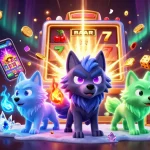 Experience the thrill of kenzototo with vibrant slot machines and glowing wolf characters.