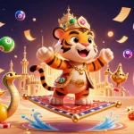 Experience thrilling gaming with okwintv as a 3D Arabian Nights sultan surrounded by vibrant lottery elements.