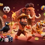 Cendanatoto showcases a dynamic prehistoric casino scene with a clever crow companion, exciting sports balls, and engaging gambling elements.
