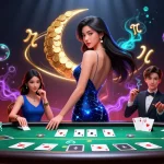 Experience thrilling gameplay with Pakde4D as elegant woman navigates a vibrant poker scene.