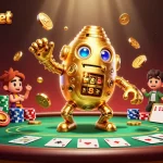 HengOngBet showcases dynamic gameplay with a golden golem and engaging poker scene featuring vibrant casino elements.