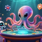 Experience togel online excitement with a vibrant 3D scene of an alien octopus and robot at a holographic poker table.