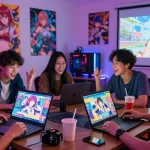 Friends enjoying multiple hentai games together in a cozy den with colorful gaming decor and animated discussions.
