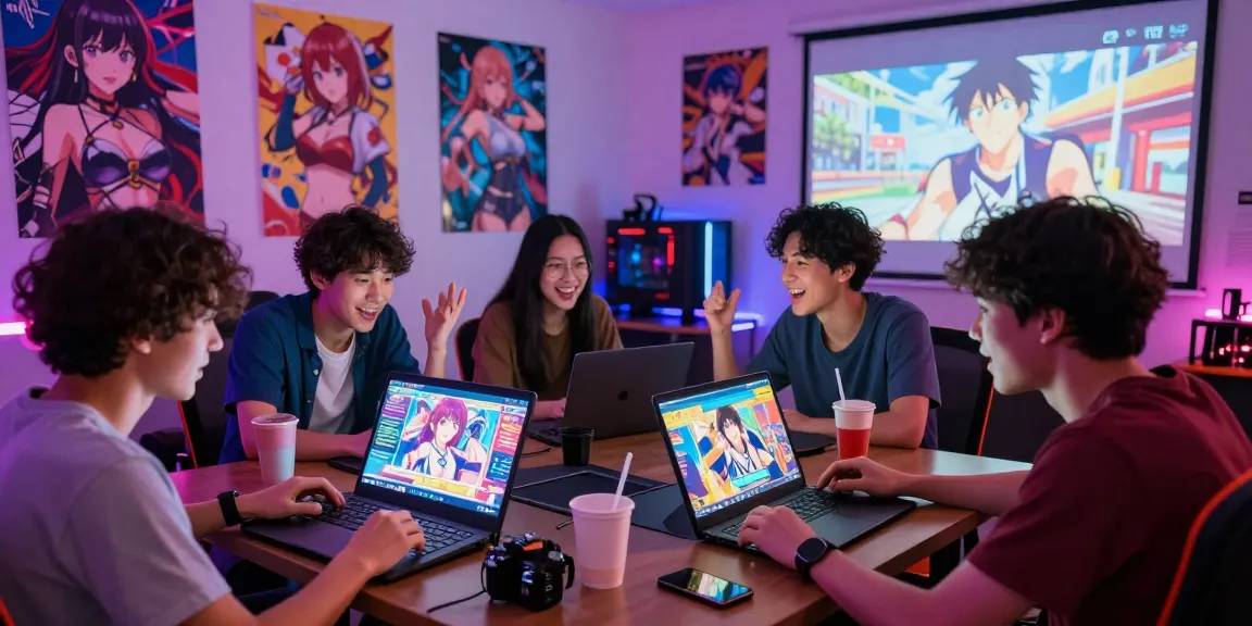 Friends enjoying multiple hentai games together in a cozy den with colorful gaming decor and animated discussions.