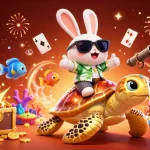 Experience thrilling adventures with 33win as the lucky rabbit celebrates victory while riding a golden sea turtle in an exciting casino scene.