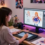 Dynamic scene of a woman designing animated characters with hentai ai in a creative studio.