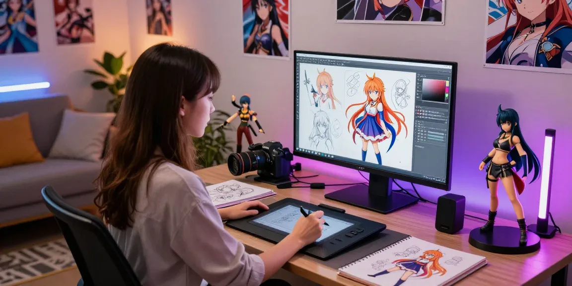 Dynamic scene of a woman designing animated characters with hentai ai in a creative studio.