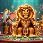 Engage with free credit baccarat in this vibrant scene featuring a lion king, elephant advisor, and cheetah messenger around a baccarat table, promoting excitement.