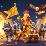 KJC offers thrilling gaming experiences with action-packed scene of a rooster warlord in a vibrant casino setting.