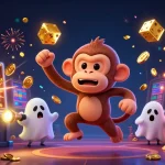 Join the excitement at Nhà cái GG88 with a lively scene of a mischievous monkey and a curious puppy in a vibrant casino.