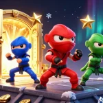 Agen Bola Resmi Bola88 showcases a dynamic scene with chameleon ninjas celebrating victory with treasures.