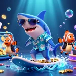 Engage with Nhà cái 98WIN as the shark surfs gold coins in a vibrant casino scene.