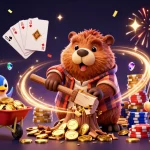 KAPTEN189 menyuguhkan ilustrasi 3D kartun dengan karakter pemotong kayu beruang yang mengumpulkan koin emas.