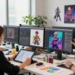 Creative NSFW AI studio scene showcasing artists developing imaginative characters in a vibrant atmosphere.