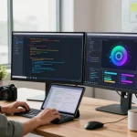 Software developer showcasing crush ai technology in a vibrant modern office workspace.