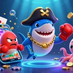 Semarjitu memperlihatkan hiu kartun 3D dan teman-temannya merayakan kemenangan dalam permainan slot online.