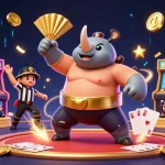 Poker88 Asia menampilkan juara sumo kumbang dalam suasana kasino, dengan elemen poker menggairahkan.
