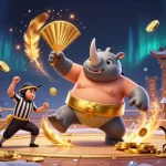 Engage with Lemacau Livechat in a dynamic, 3D scene featuring a beetle sumo champion and vibrant casino elements.