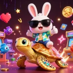A colorful 3D illustration showcasing cika4d featuring a lucky rabbit and golden turtle in a vibrant casino atmosphere.