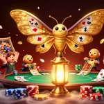 KJC captivates with a golden-winged moth amidst vibrant casino scenes, showcasing poker excitement.