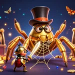 Winning with LODE88 as a giant spider spins golden webs among slot reels and treasure.