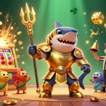 CICAKWIN slots jackpot explosion featuring a powerful shark hero with lively gaming elements.