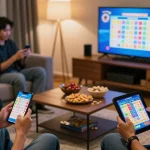 Excited players engaging in togel online gaming in a cozy living room setting.