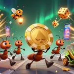 Caswino casino illustration featuring animated ants carrying a giant poker chip with casino elements around