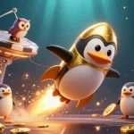 แทงบอลเต็ง with a rocket-powered golden penguin in a dynamic casino scene amidst sports betting elements.