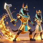 Play mahjong in a vibrant gaming scene with Anubis and Bastet, surrounded by dynamic casino elements.