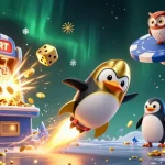 Experience thrilling gameplay with DEBET as a golden penguin flies towards a jackpot casino.