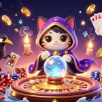 Experience the vibrant world of LLwin with a mystical cat and tarot raven amidst swirling casino excitement.