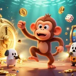 Experience the thrill of FIVE88 with a playful poltergeist monkey and ghost-hunter puppy in a vibrant casino.