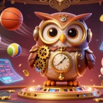 Experience dynamic gaming excitement at cổng game sunwin with a lively 3D illustration showcasing a time-traveler owl and high-energy casino elements.