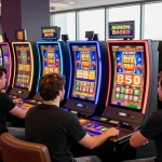 Exciting atmosphere of bonus buy slots UK at a vibrant online casino gathering, showcasing players engaged with digital slot machines, vibrant graphics, and Jackpot displays.
