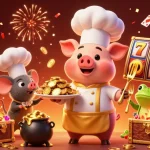 Spin to win with Direct web slots featuring a chef pig, sous-chef mouse, and critic frog, all in a vibrant casino scene.