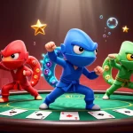 Experience Livescore with vibrant 3D chameleon ninjas showcasing casino thrills in a dynamic scene.